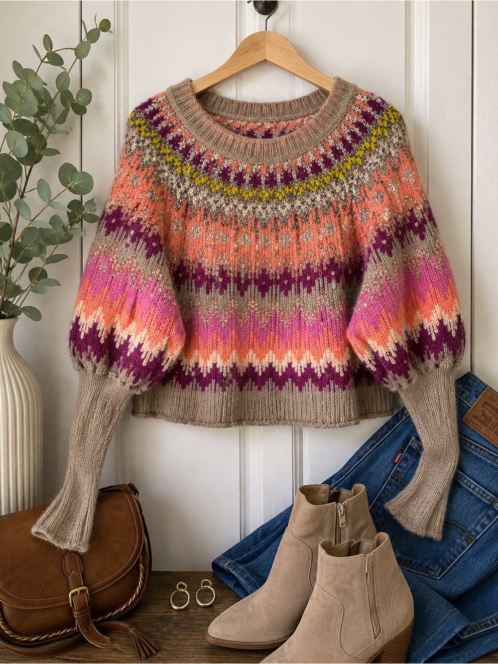 Free People Taupe Crewneck Sweater with Pink, Purple & Orange Fair Isle